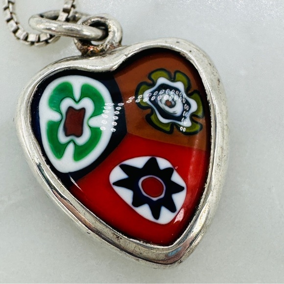 Vintage Millefiori Heart Necklace Italian 925 Sterling Silver Box Chain Red Blue - Picture 11 of 11